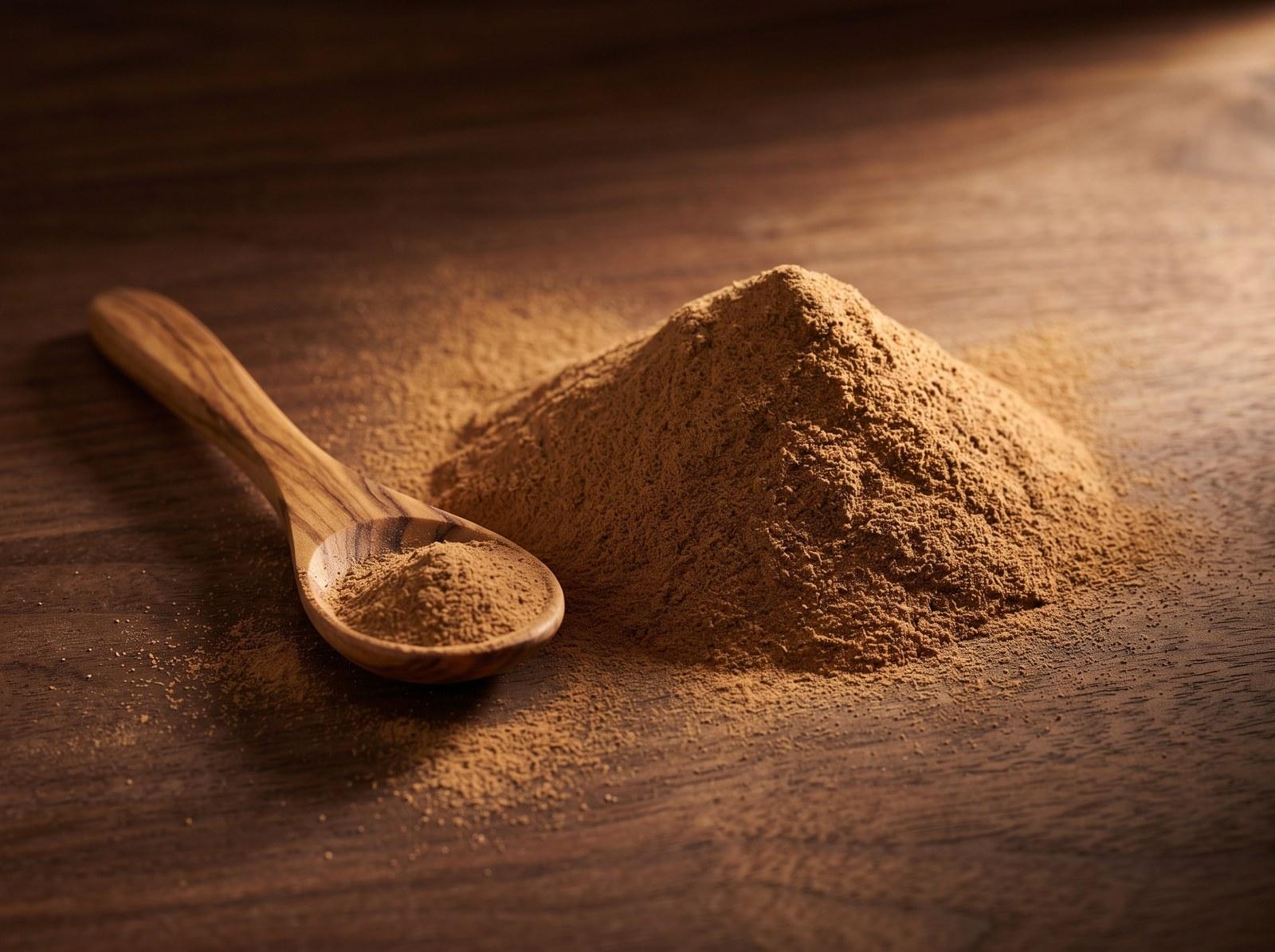 Fine, medium brown turkey tail mushroom powder with a wooden spoon