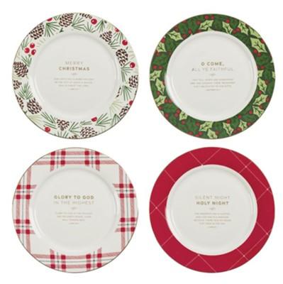 4 plates in red and green designs with writing in the center