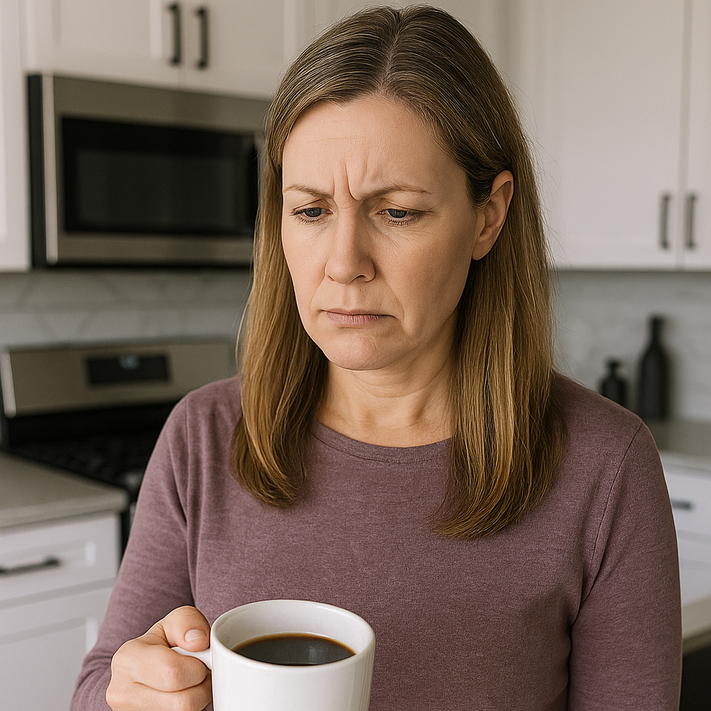 Worried woman in a beige sweater holds a jar of instant coffee in a modern white kitchen.