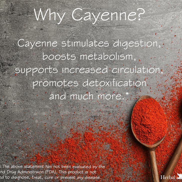 grey background with two wooden spoons overflowing with cayenne powder. Text on image says Why Cayenne? Cayenne stimulates digestion, boosts metabolism, supports increased circulation, promotes detoxification and much more.