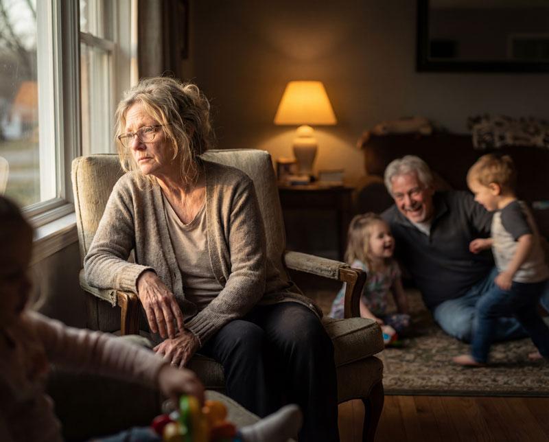 Older woman sitting by window looking tired and withdrawn while family plays together in the background