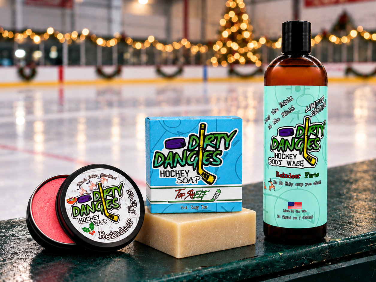 Dirty dangles reindeer farts hockey wax, top shelf hockey soap bar and reindeer farts peppermint body wash on ice rink board with christmas decor