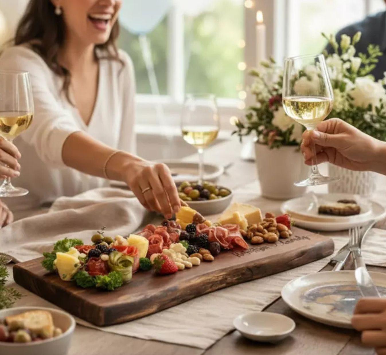 Friends sharing food and conversation around a live edge charcuterie board personalized wedding gift that couples actually use.