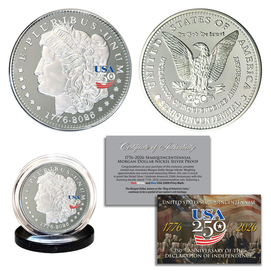 America's 250th Anniversary Morgan Dollar nickel silver proof coin with eagle design, certificate of authenticity included.