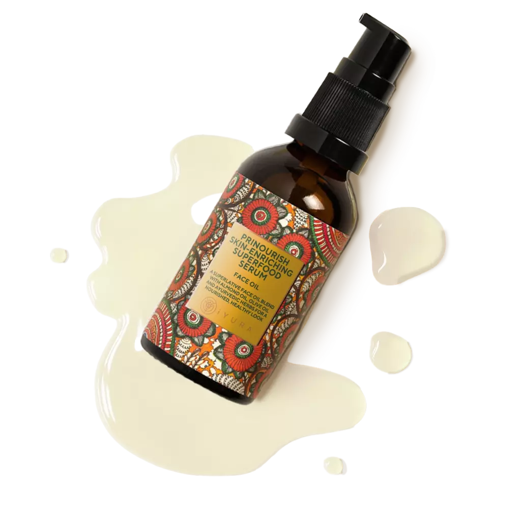 A bottle of prinourish kept on a surface, surrounded by serum
