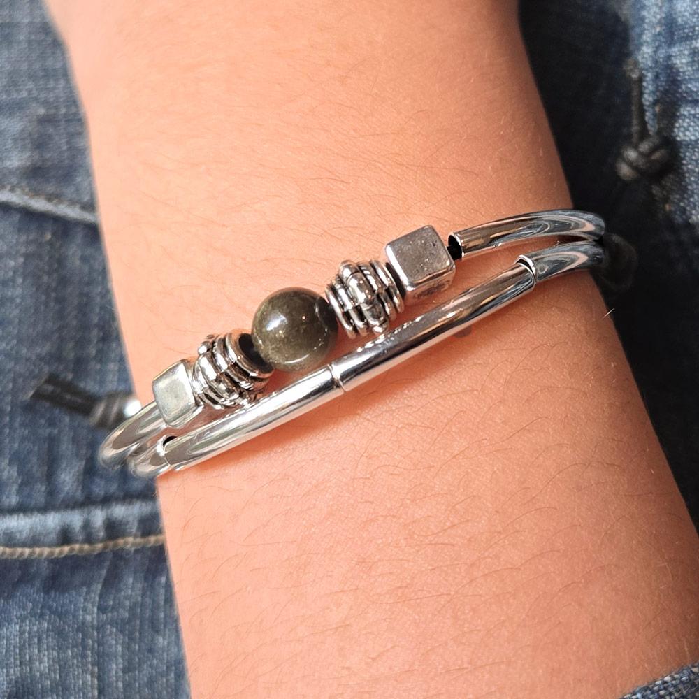 Sofi adjustable silver bracelet w golden obsidian focal