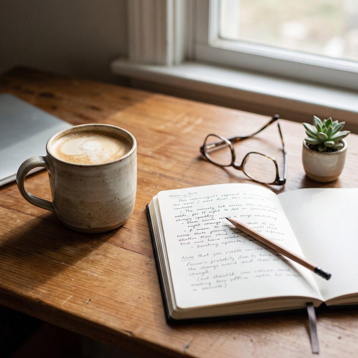 Morning coffee with tremella beside an open notebook and glasses