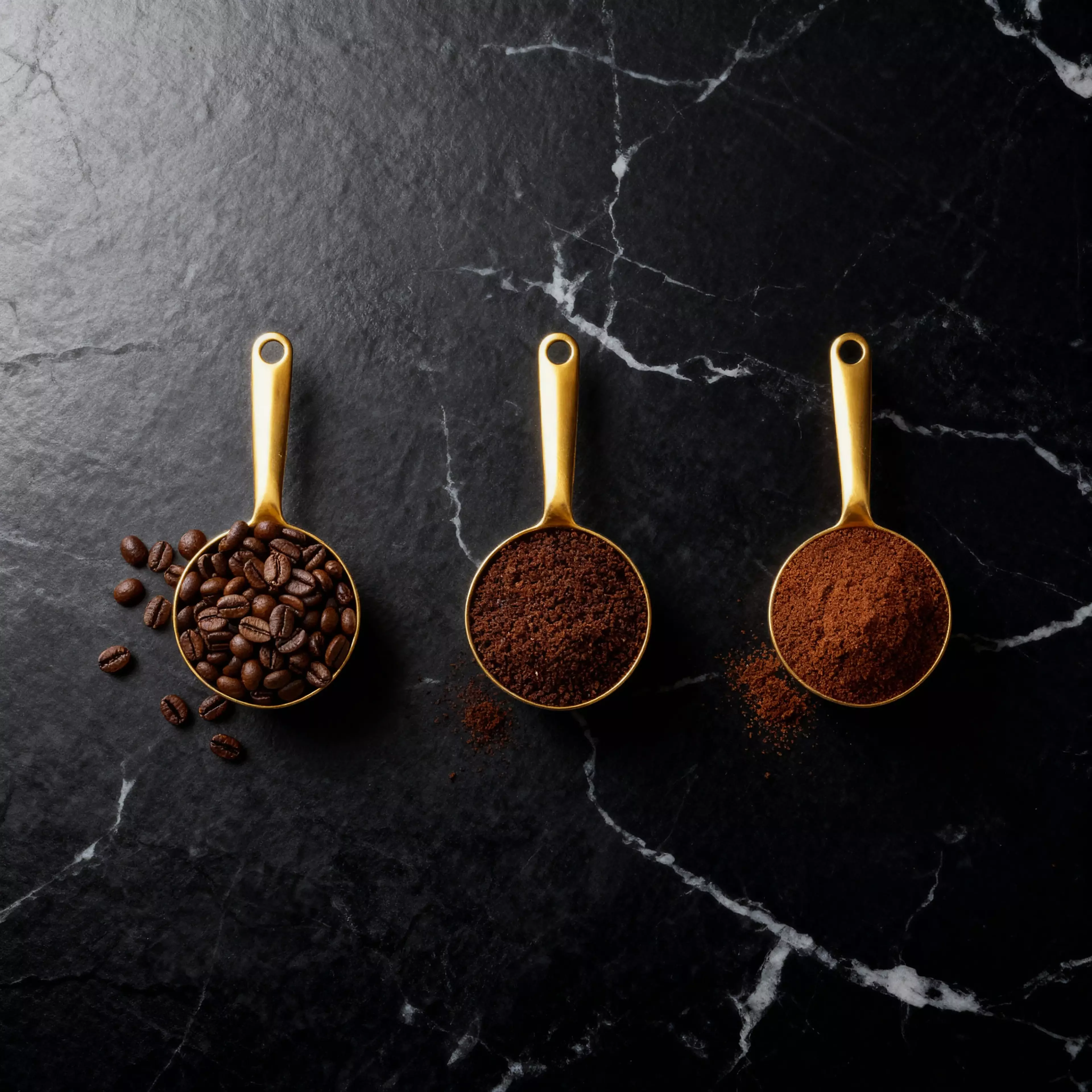 Three golden scoops showing whole bean, coarse ground, and drip ground coffee on a black marble surface.