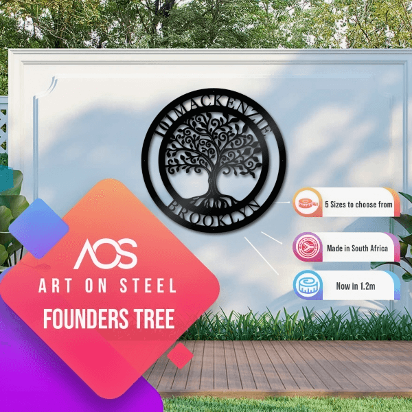 Founders Tree of Life Metal Wall Art – Personalized black steel family name sign by Art on Steel, custom crafted décor available in 5 sizes including 1.2m, made in South Africa for home, garden, and outdoor walls.