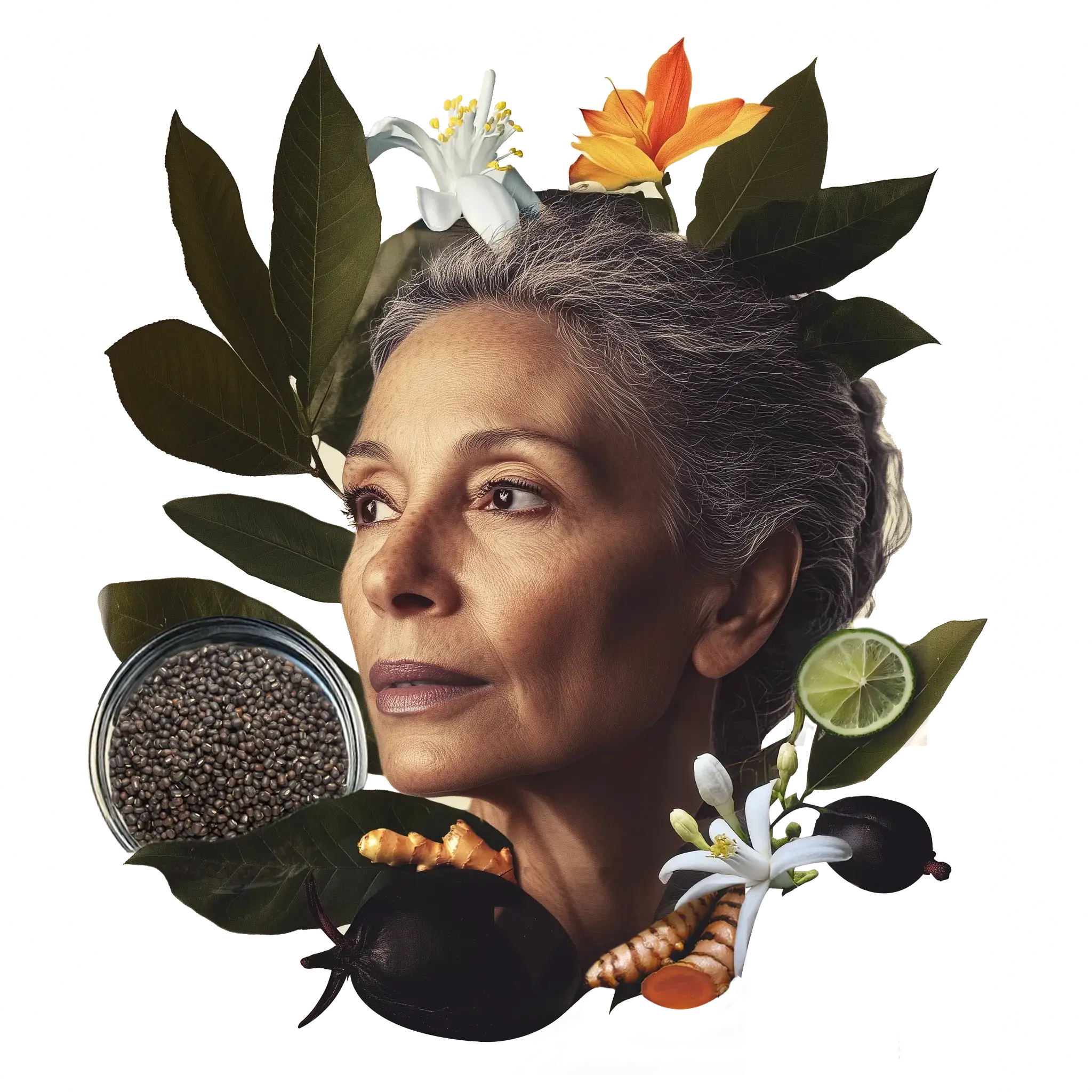 An aesthetic composition of a woman surrounded by mango leaves, white and orange neroli flowers, a bowl of black gram, black plum, lime and slices of raw turmeric