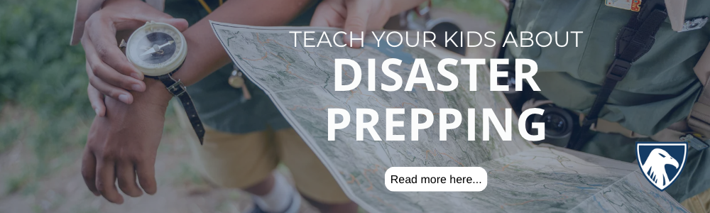 A clickable image of two children using a map and compass, with text overlay saying "Teach Your Kids About Disaster Prepping, Read more here..."