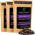Three 12oz bags of Lone Wolf Coffee’s Moonbean Medium-Dark Roast Whole Bean coffee bag product photo