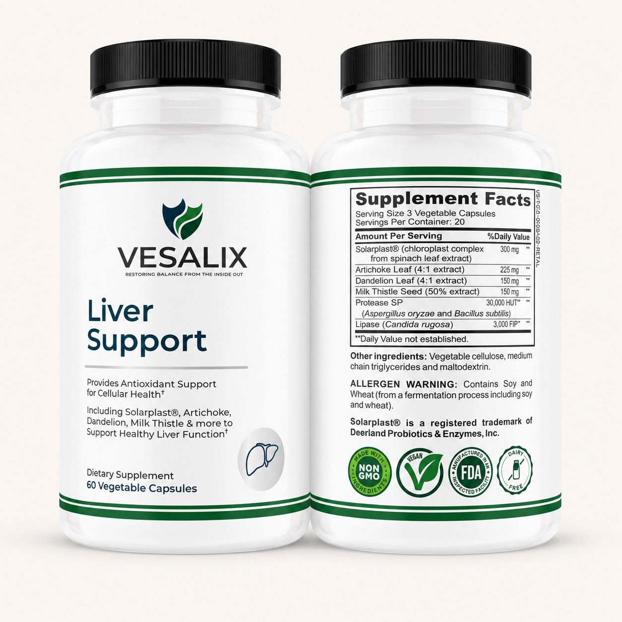 Vesalix Liver Support Supplement with Solarplast® – Digestive Enzymes, Milk Thistle, Artichoke – 60 Capsules