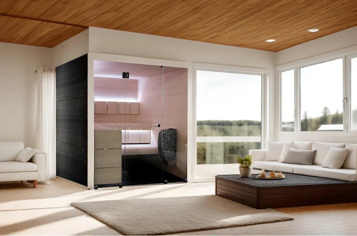Modern home with a built-in residential sauna overlooking a scenic outdoor view