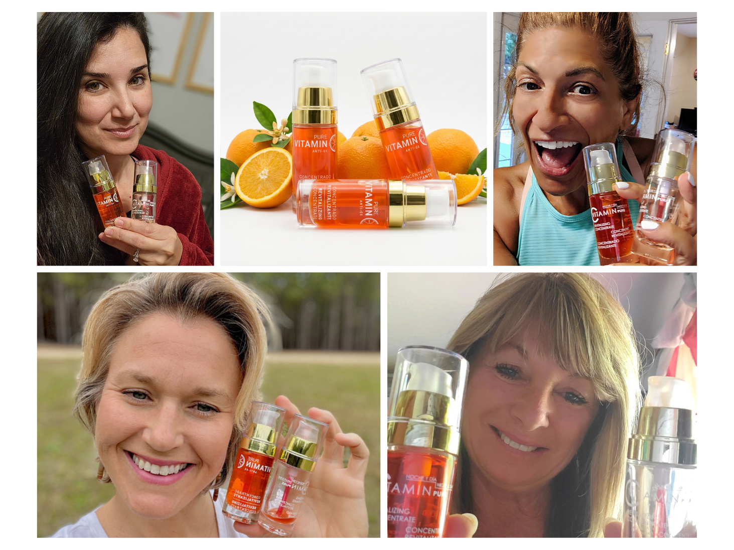Collage of customers holding up an empty bottle of Noche's Vitamin C Serum along with a full bottle.