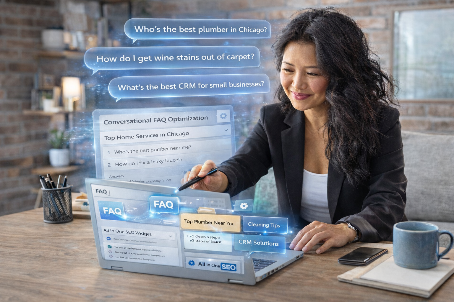 Tina Somsith working at a desk on a laptop, actively structuring conversational FAQ content and voice search queries, with floating speech bubbles showing natural language questions and organized content blocks, illustrating how voice search and answer-focused optimization help businesses get found through spoken and conversational search