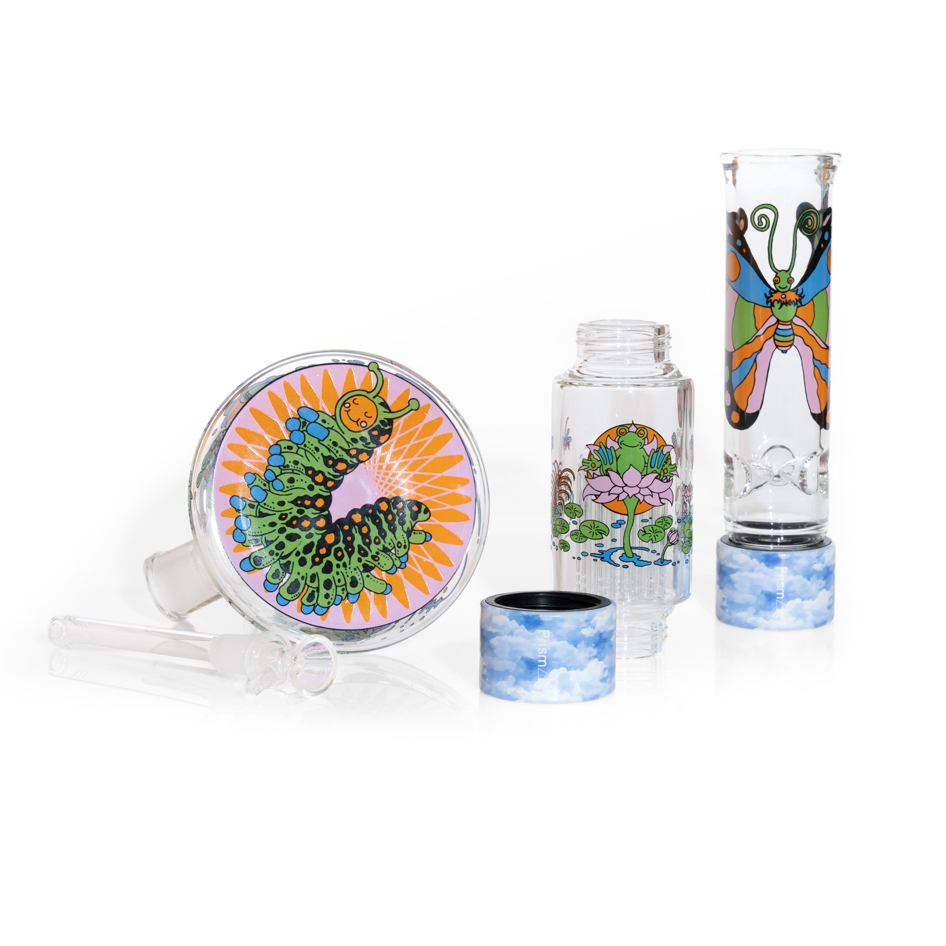An image of a disassembled double stack Prism Popular bong setup with the New Pond Life decal and two cloud halo connectors