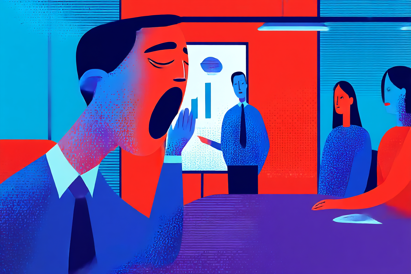 A man falling asleep during a work meeting, experiencing the opposite of insomnia, hypersomnia.