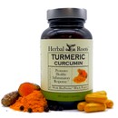 Bottle of herbal roots turmeric curcumin with pills, fresh turmeric powder, fresh cut turmeric and black peppercorn on a white background
