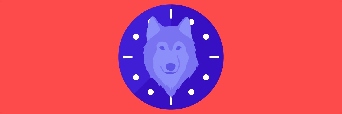 A wolf’s head in the center of a clock representing the wolf chronotype schedule.