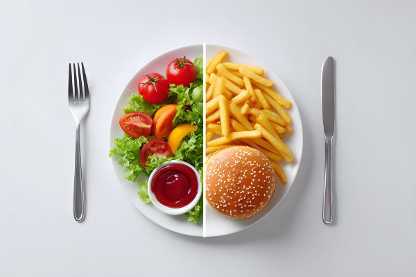 Plate with food. On the left half, salad, on the right half, burger and fries.