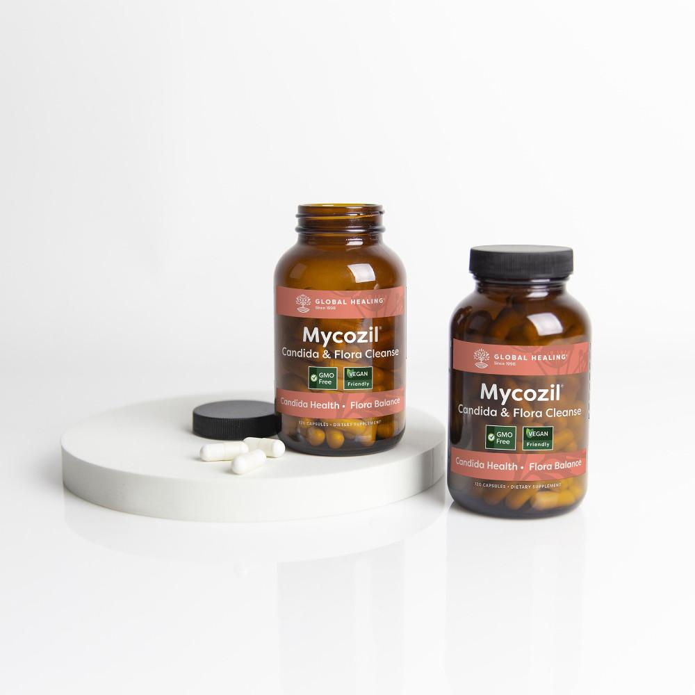 Global Healing Mycozil Bottle 120 Capsules Open Bottle