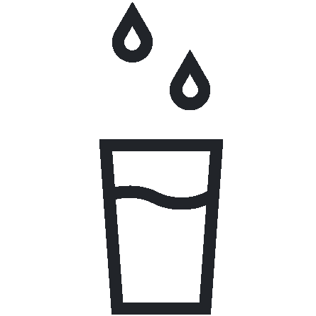 A line icon of a glass of water with two drops at the top