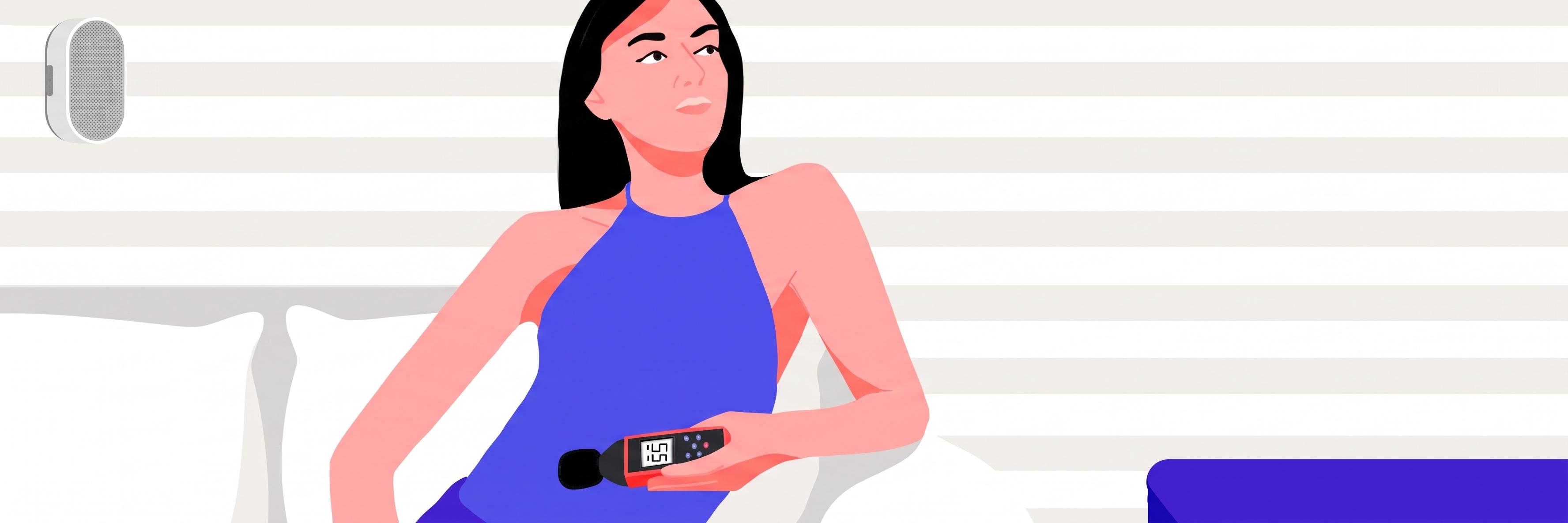 Woman in bed holding a decibel meter reading 55 dB to check how loud white noise should be for adults.