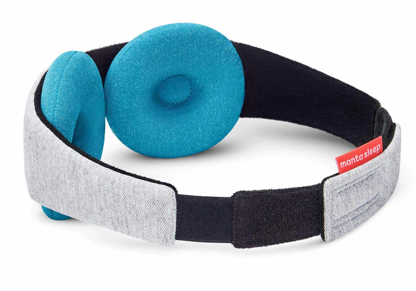 The back side of a sleep mask with a micro hook-and-loop closure and 2 blue cooling eye cups attached to the black interior.