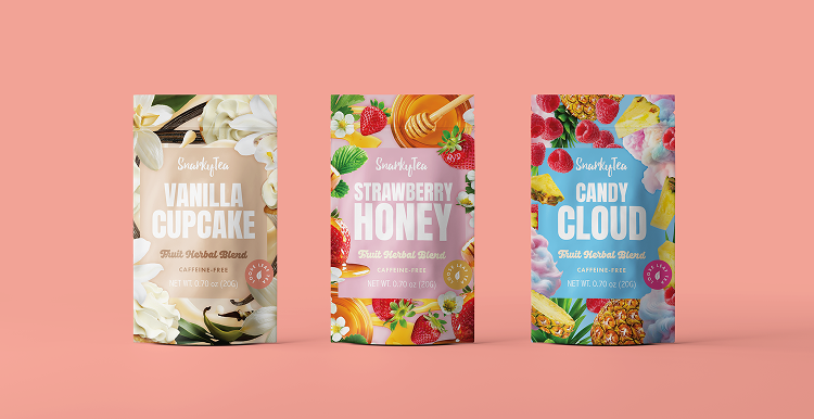 Raspberry Acai, Summer Solstic and Peaches ad Cream herbal tea blends on coral background