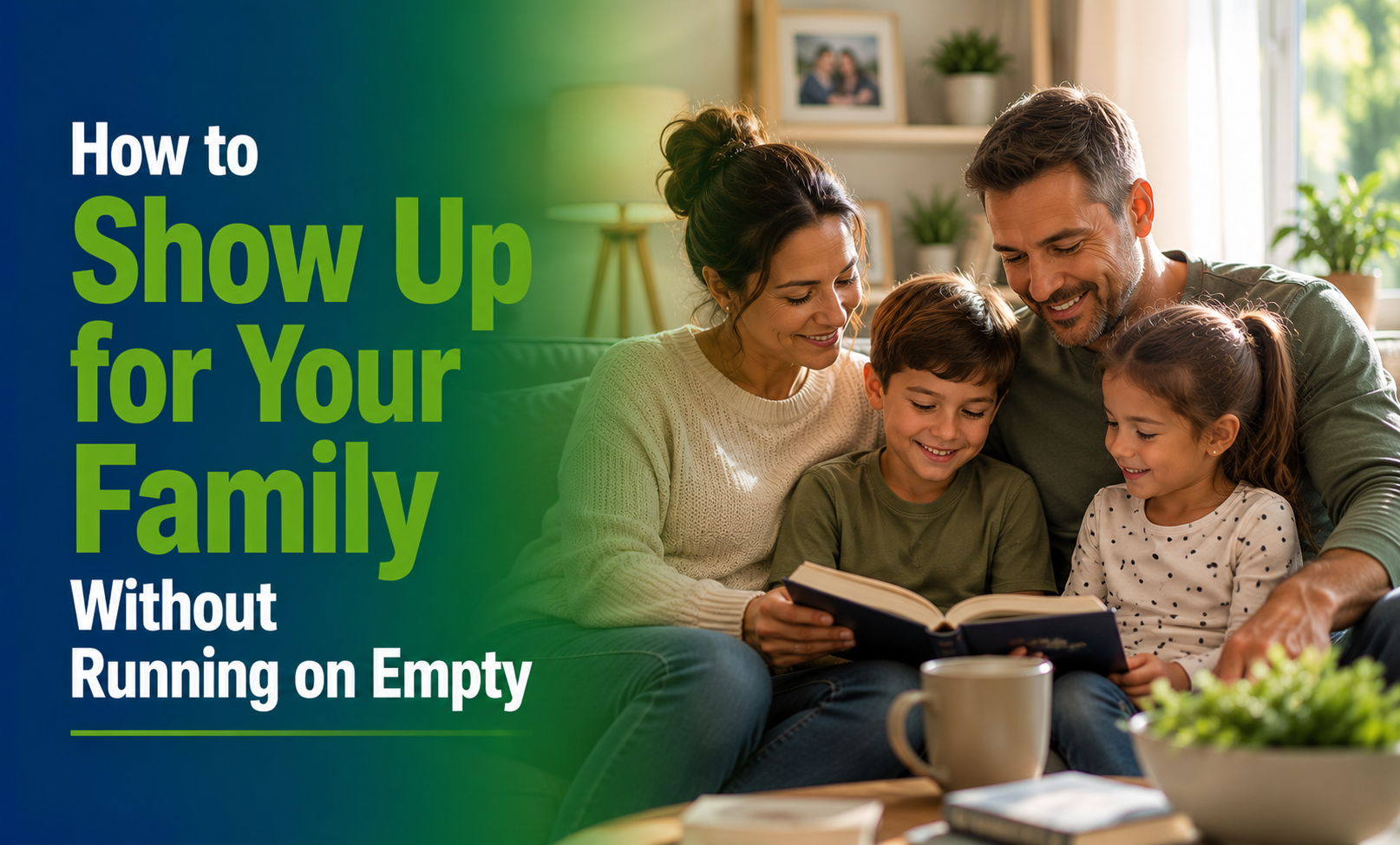 A family of four sits together on a couch, smiling as they read from an open book held by the mother.