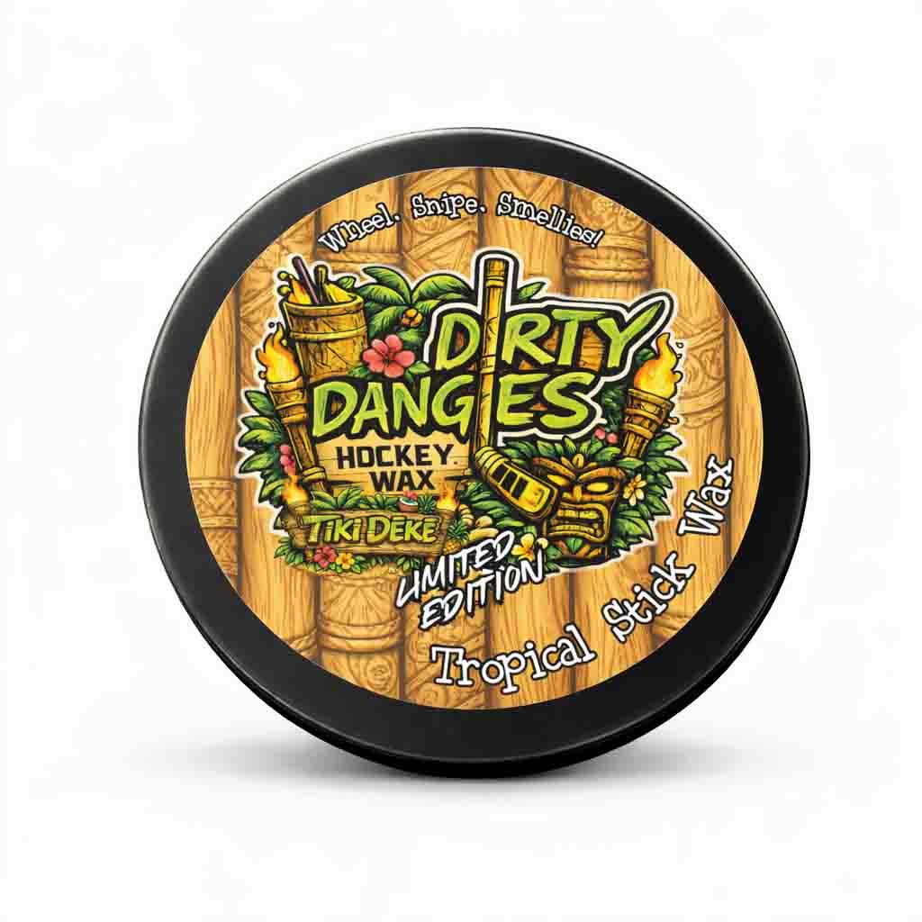 A tin of dirty dangles tiki deke limited edition tropical stick wax on a white background