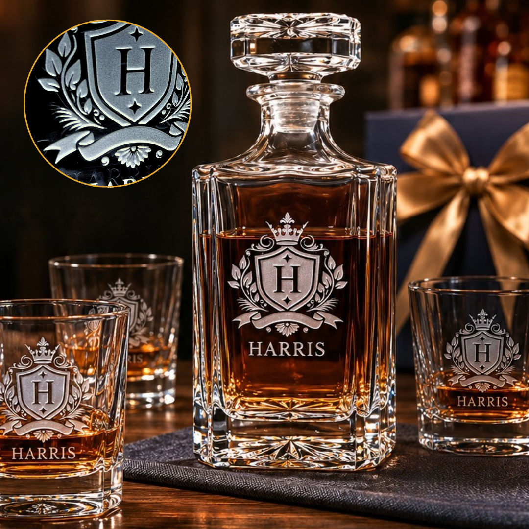 rectangular decanter set with deep hand sandcarved family crest