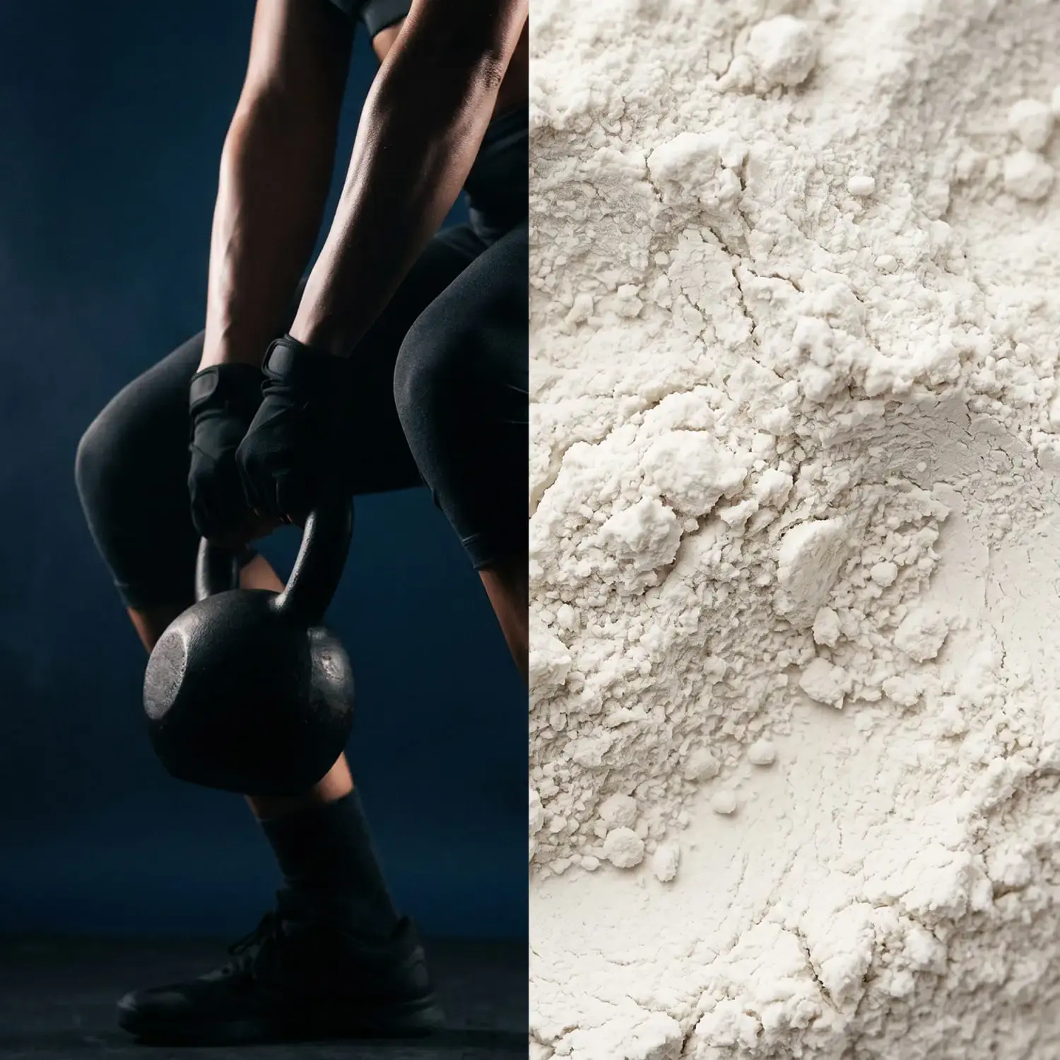 Athlet hebt Kettlebell im Gym neben Makroaufnahme von ultrafeinem Kreatin-Pulver