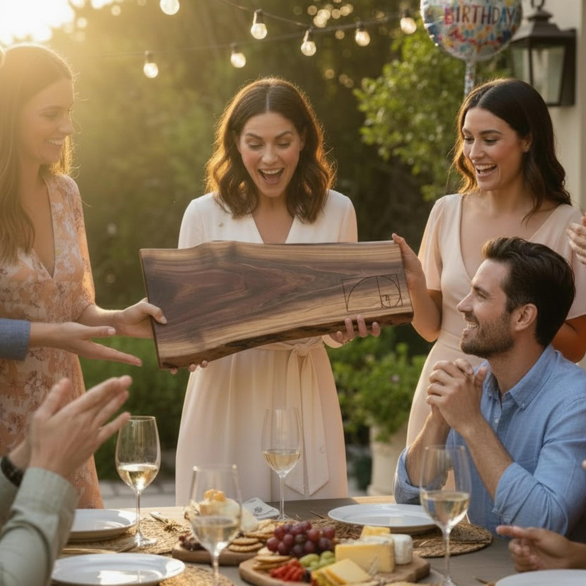 Friends enjoying food and wine around a personalized custom live edge charcuterie board made from black walnut outdoors celebrating housewarming gift.