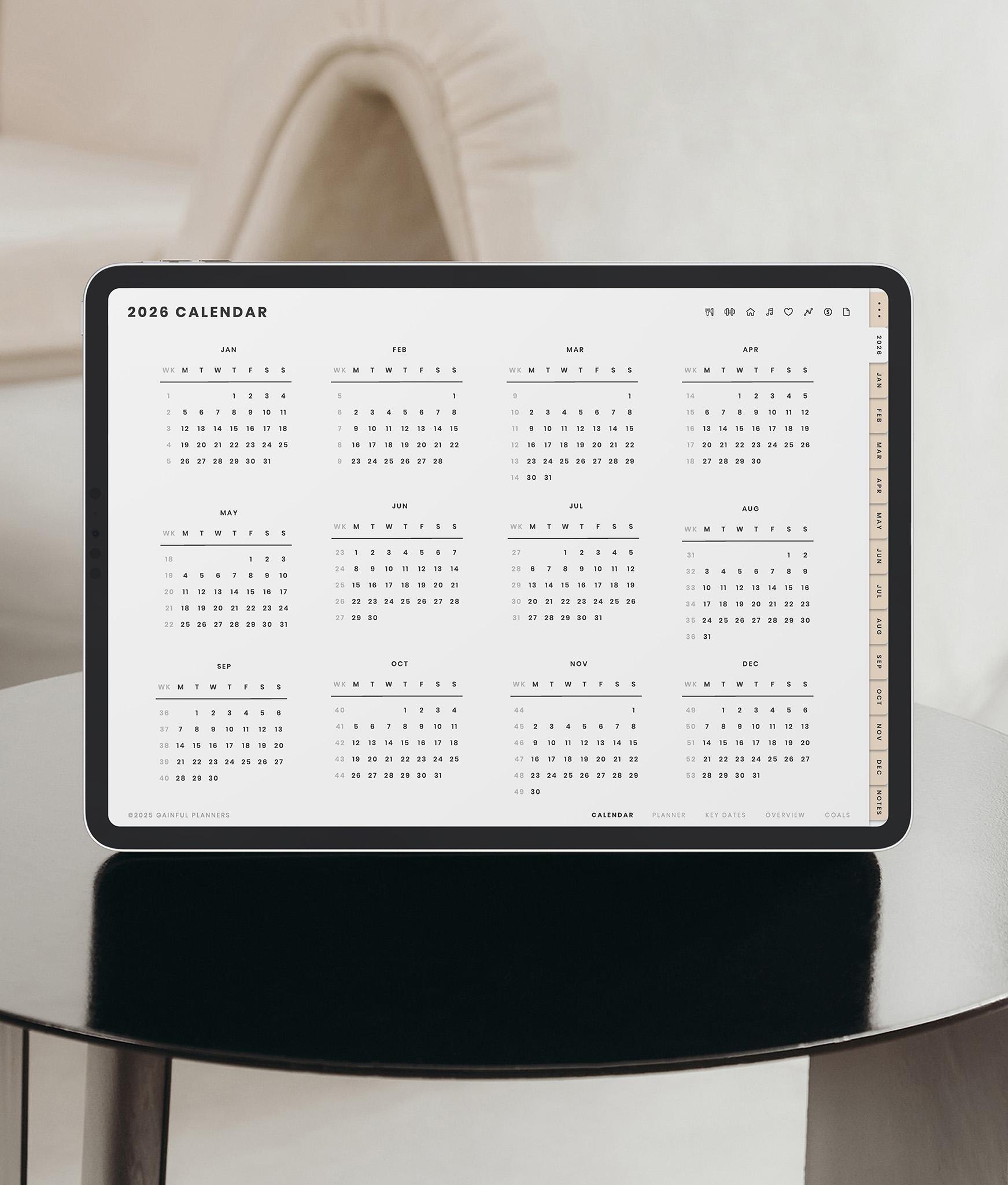 Yearly 2026 calendar page from the digital planner displayed on iPad