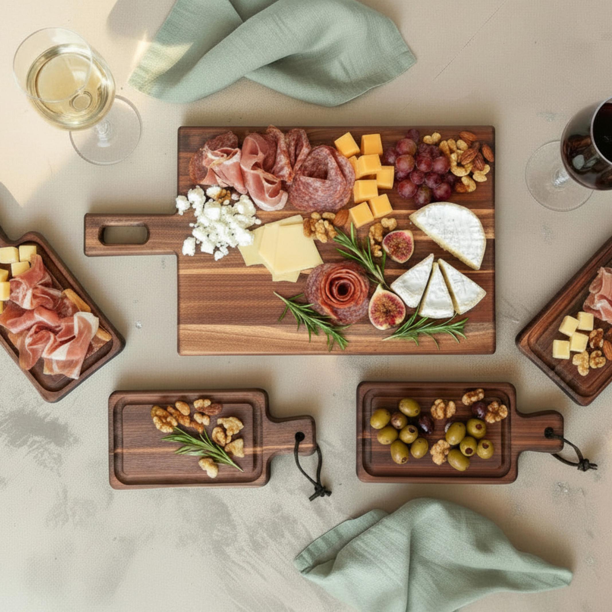 Personalized Walnut Cheese Board Set, Engraved Charcuterie with 4 Mini Boards