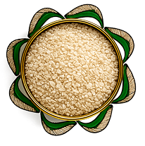 Sesame seeds and it's oil kept in a glass bowl over a artwork of a pink flower