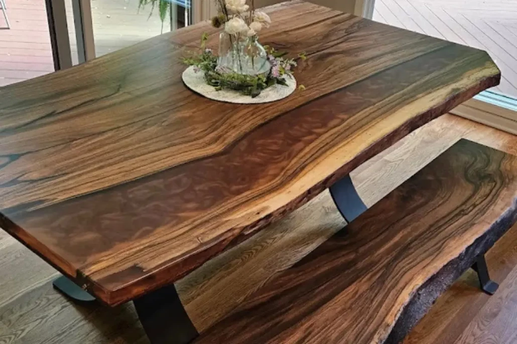 live edge river dining table, walnut wood, with walnut bench, copper epoxy