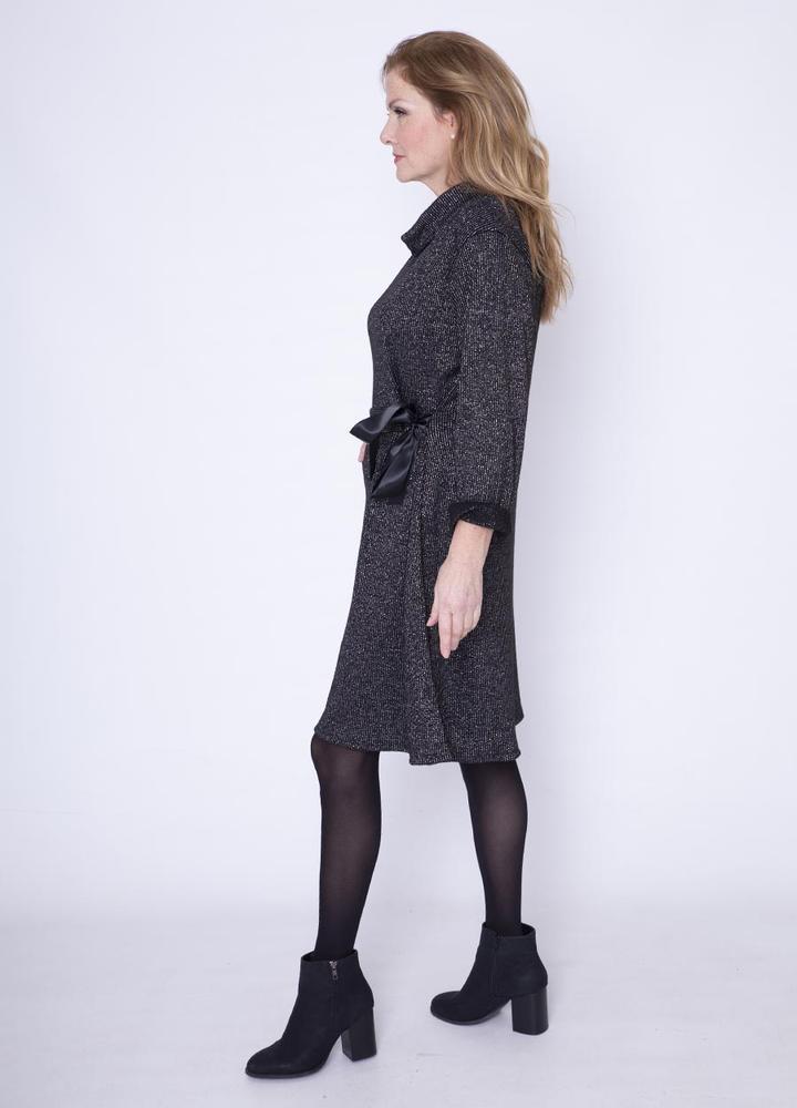 Cowl Neck Ribbon Belt Dress in Black