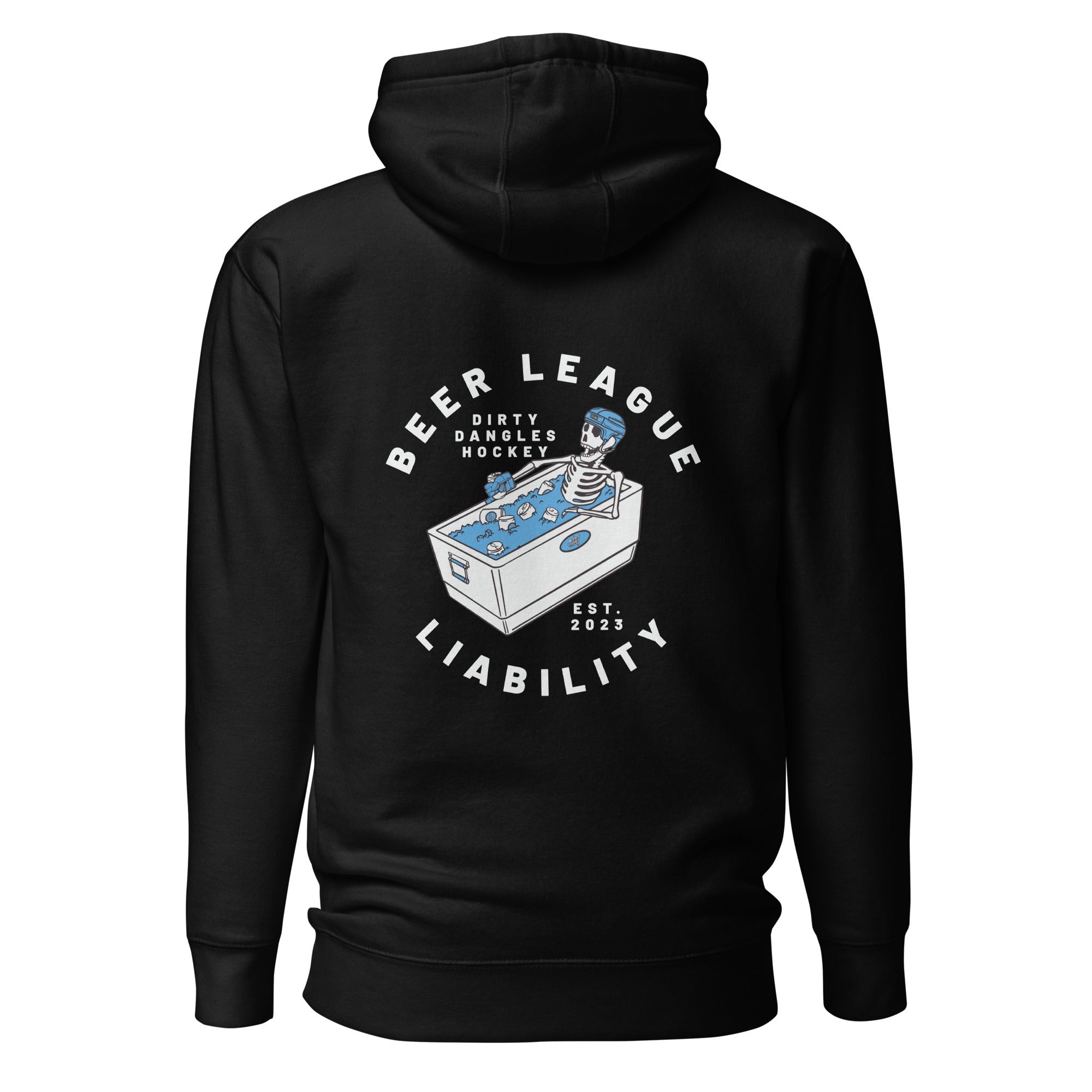 the back of a black pullover hoodie sweatshirt with a skeleton drinking a beer while sitting in a cooler of ice. beer league liability dirty dangles hockey est 2023. white background