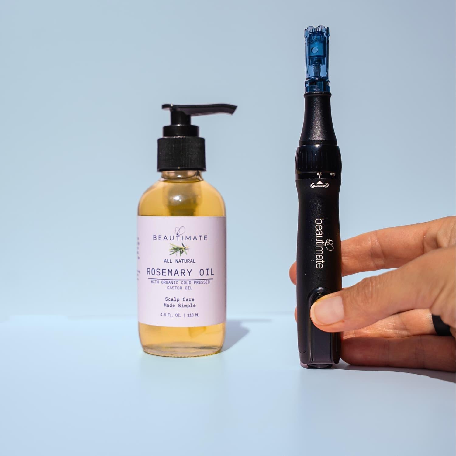 beautimate microneedle pen and 5% rosemary oil serum for hair beard brows growth