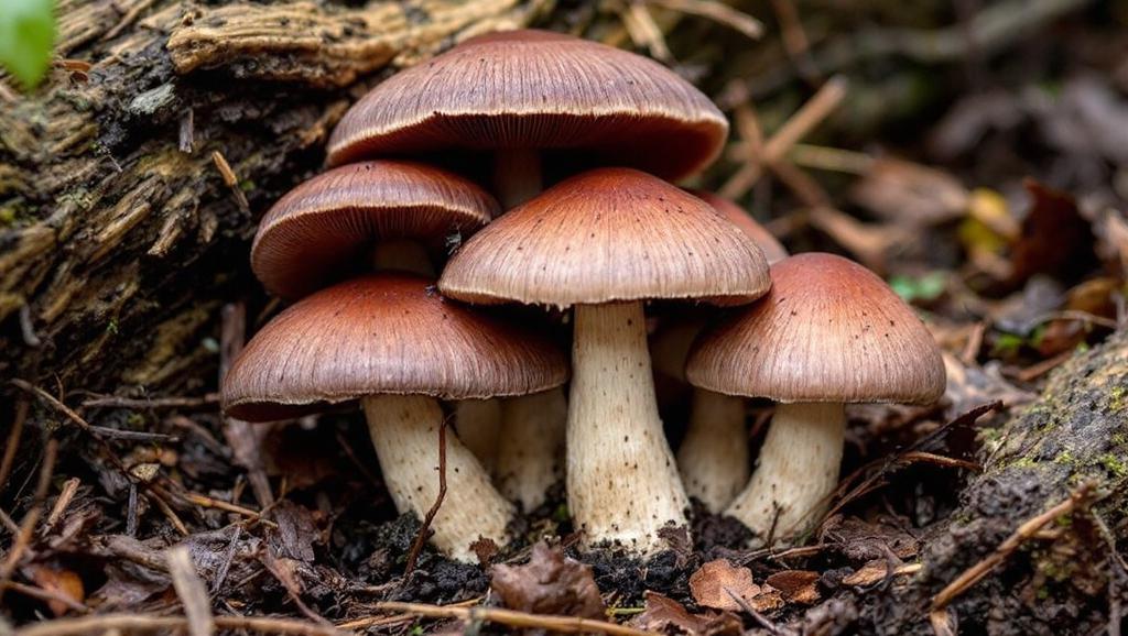 Mushroom growing success - five beautiful brown-capped edible mushrooms with white stems clustered together in natural forest substrate, demonstrating successful home mushroom cultivation for beginners
