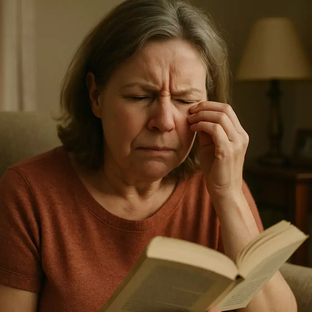 A lady squinting, unable to read