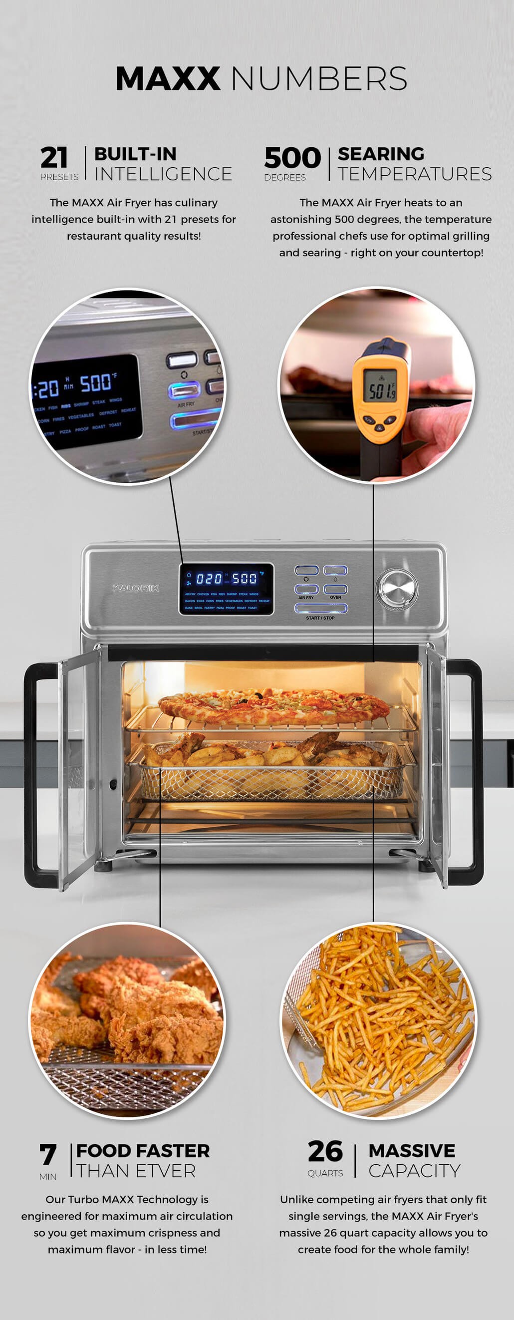 BUILT-IN INTELLIGENCE The MAXX, Air Fryer has culinary intelligence built-in with 21 presets for restaurant quality results, SEARING TEMPERATURES, The MAXX Air Fryer heats to an astonishing 500 degrees, the temperature professional chefs use for optimal grilling and searing - right on your countertop, FOOD FASTER THAN EVER, Our Turbo MAXX Technology is engineered for maximum air circulation so you get maximum crispness and maximum flavor - in less time, MASSIVE CAPACITY, Unlike competing air fryers that only fit single servings, the MAXX Air Fryer's massive 26 quart capacity allows you to create food for the whole family!