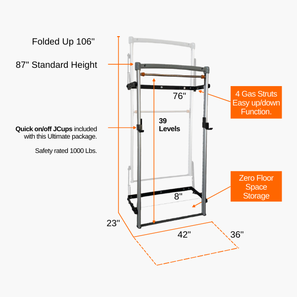Mobile Specifications for wall mounted pull up bar squat rack with pull up bar and foldup dip station by solo strength