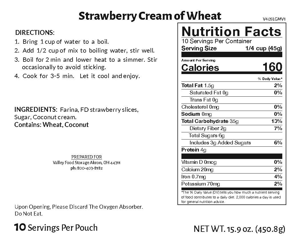 Valley Food Storage Strawberry Cream of Wheat Long Term Food Storage Nutrition Label