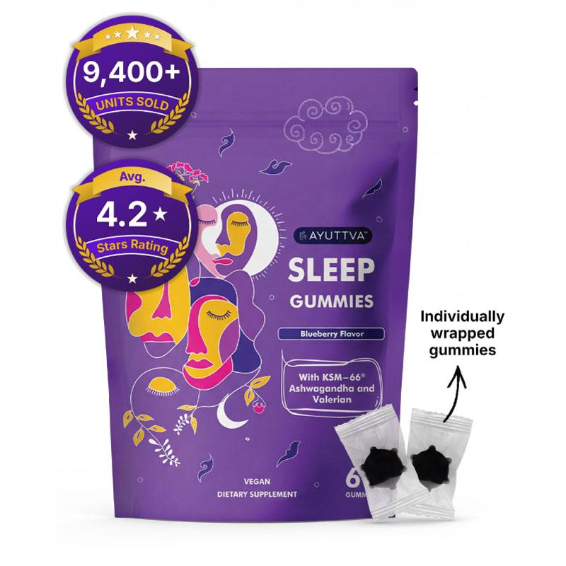 Sleep gummies package with 9,400+ units sold badge, 4.2 star rating, and individually wrapped pieces shown