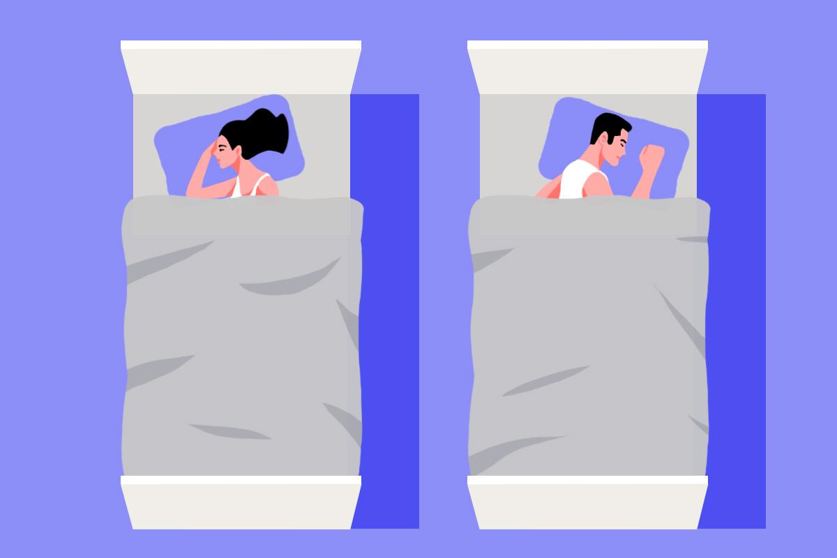 A man and a woman sleeping in separate beds in the same bedroom.