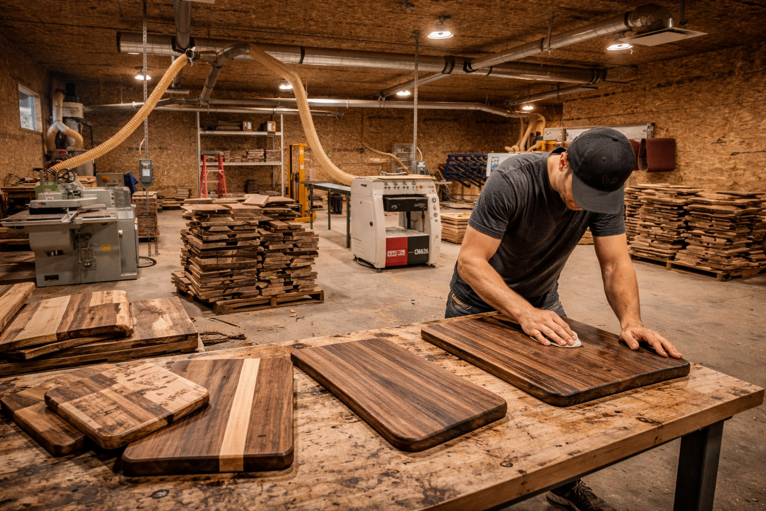 Handcrafted hardwood charcuterie boards being finished in the Roots To Table woodworking workshop.
